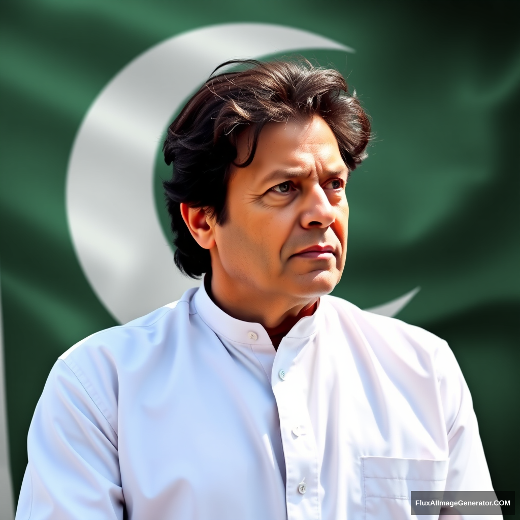 You have to create the image of Imran Khan which is 100% Imran Khan with the background of a Pakistani and PTI flag mixer. - Image