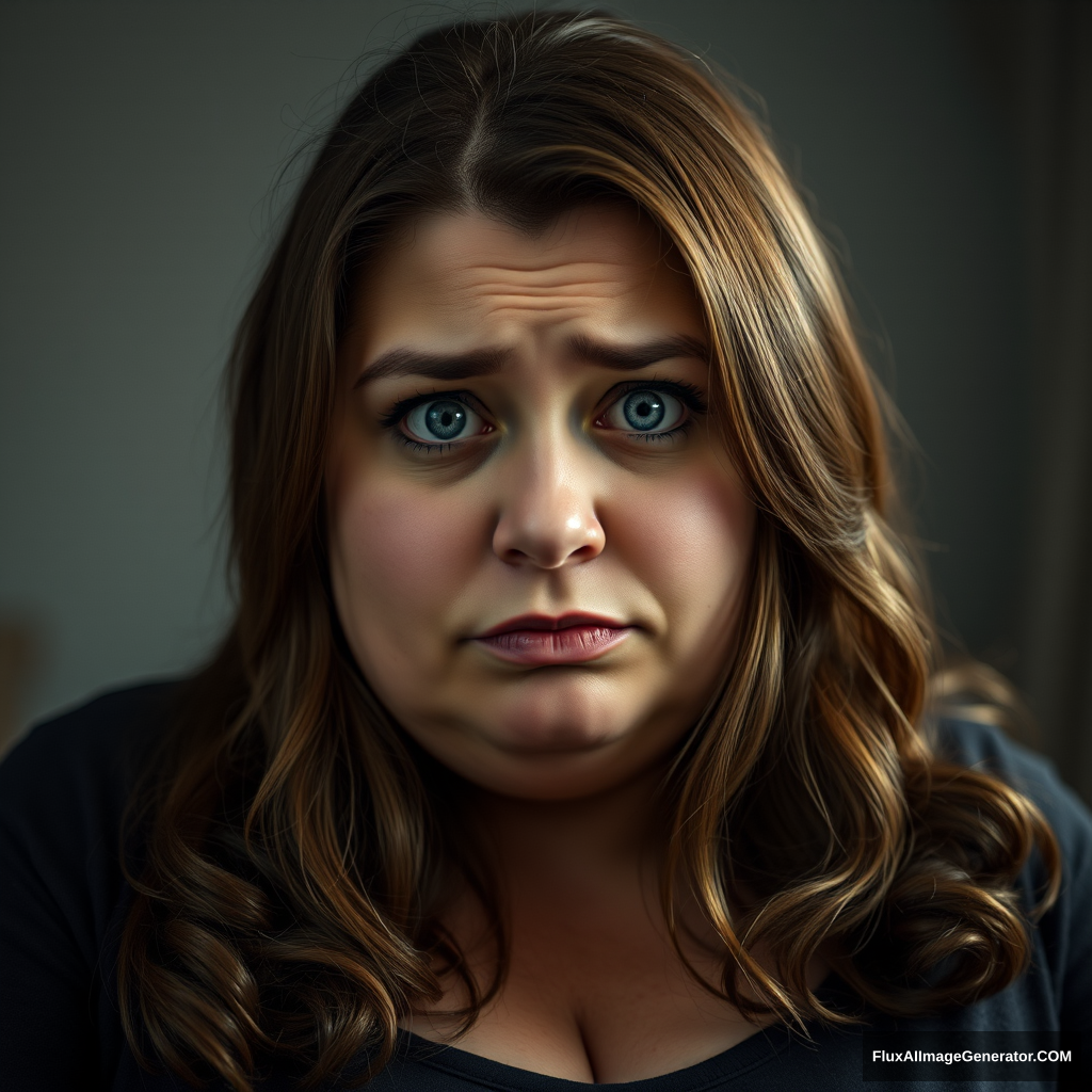 A realistic portrait of a chubby (but not obese) woman with a deeply contemplative, almost confused expression as she gazes into the camera. Her brow is slightly furrowed, and her blue eyes reflect a mix of intense love and uncertainty. Her look suggests she's trying to puzzle out her feelings or the situation she's in.

Her long, brown hair falls in natural, soft curls around her shoulders. She wears no makeup, allowing her natural features to show - including slight wrinkles, freckles, and laugh lines. Her cheeks have a soft, natural flush.

Despite her confused expression, her body language suggests comfort with her curvy figure. There's a subtle tension in her posture, hinting at her inner emotional conflict.

The background features soft, dim lighting, creating an intimate atmosphere. This gentle illumination highlights the woman's features, emphasizing the depth of her emotional state.

The overall image should capture a sense of a woman in a moment of emotional complexity - clearly in love, but grappling with uncertainty and confusion. Her expression should be the focal point, conveying this internal struggle while still maintaining an underlying sense of self-assurance and maturity. - Image