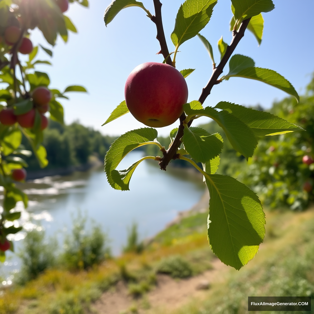 a red apple on a green tree near a river, sunny day