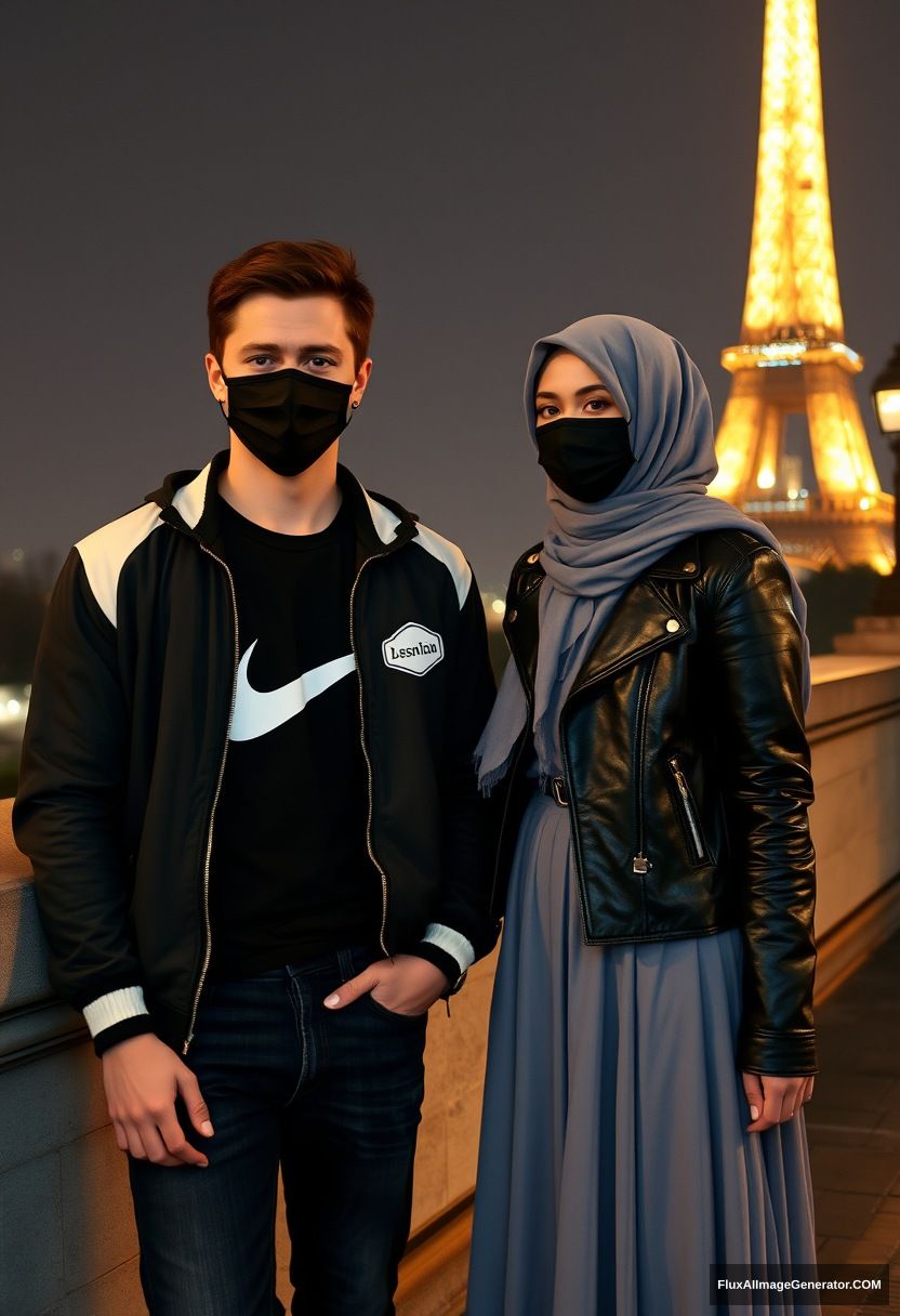 Jamie Dornan, youngest, black face mask, collage jacket, Nike t-shirt, jeans, tall man, fit body,

Dating, love with the biggest grey hijab Muslim girl, beautiful eyes, black face mask, leather jacket, biggest longest skirt, cute short girl,

standing by a wall, an Eiffel Tower, night scenery, hyper-realistic, photorealistic, street photography. - Image