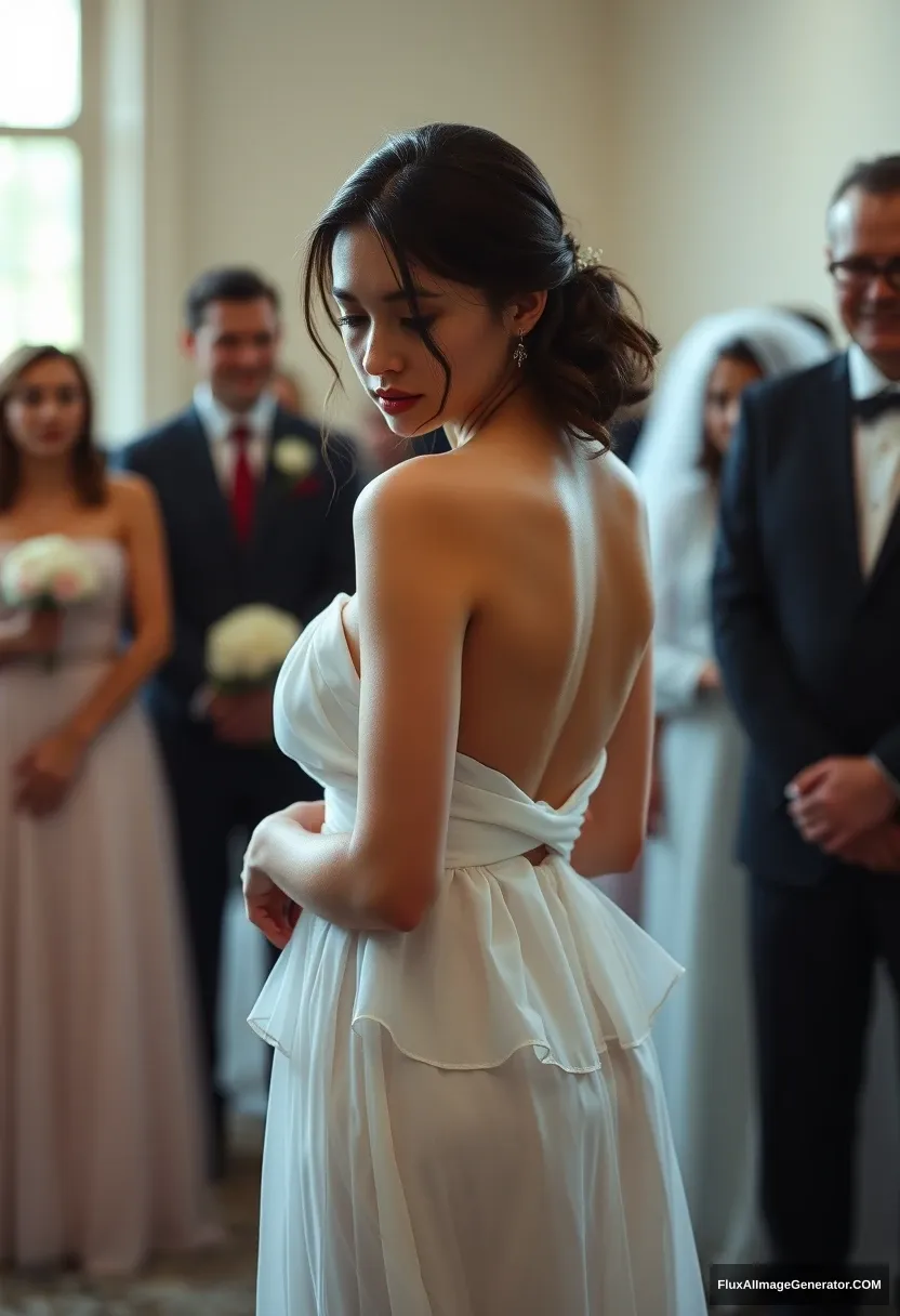 A short young woman, sensitive, delicate, ashamed, wearing a backless strapless side-less low-waisted airy loose-fitting contouring wedding dress, in front of patriarchy, expectations.