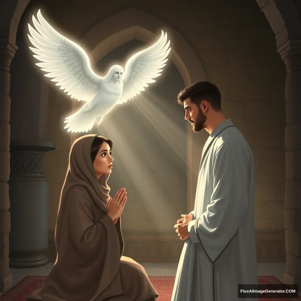 A peaceful scene inside a sacred temple. Maryam, a young woman with a serene expression, dressed in a simple robe, is praying in a small, dimly lit mihrab. Suddenly, an angel, Jibril, appears before her, radiating a gentle light. Jibril, in the form of a handsome man, speaks to her, while Maryam, initially startled, listens intently. The background is adorned with ancient stone walls, and the atmosphere is filled with a sense of divine presence and reverence.