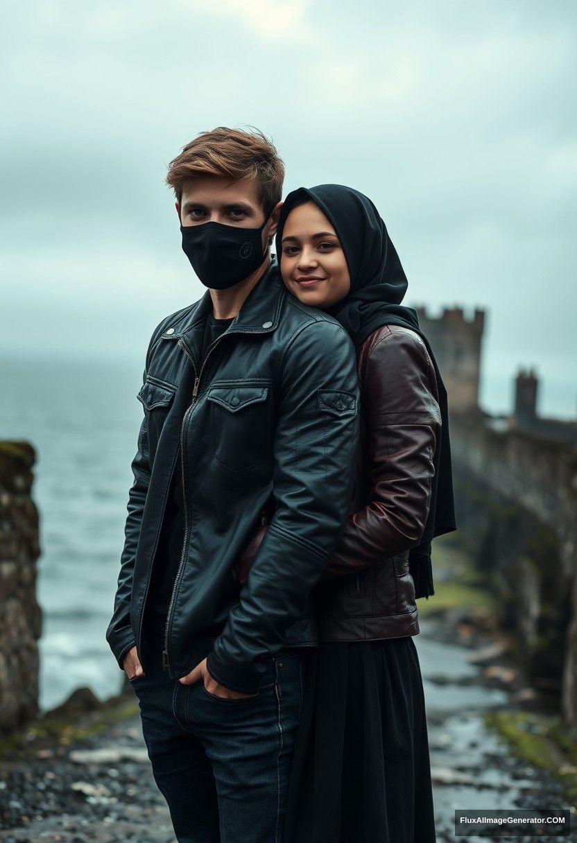 Jamie Dornan's head and body shot, handsome, youngest, black face mask, black leather jacket, jeans, dating, love with the biggest black hijab Muslim girl, not tall, beautiful eyes, face mask, maroon leather jacket, biggest black skirt, hyper realistic, studio photography, full body photo, exploring at an abandoned castle, at sea, gloomy scenery. - Image