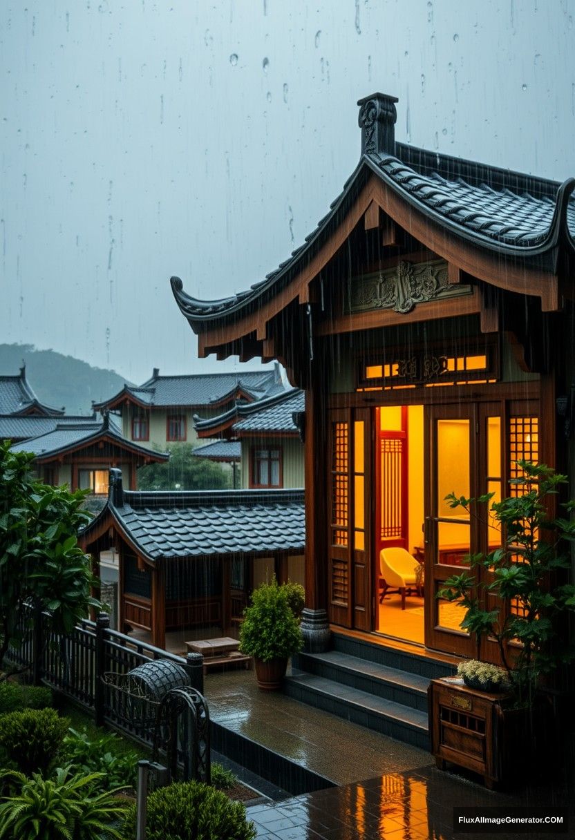 Outside view, rainstorm, a total of oriental cabins, exquisite detail design house, warm colored lighting window, aesthetic sense, relaxed, master composition.