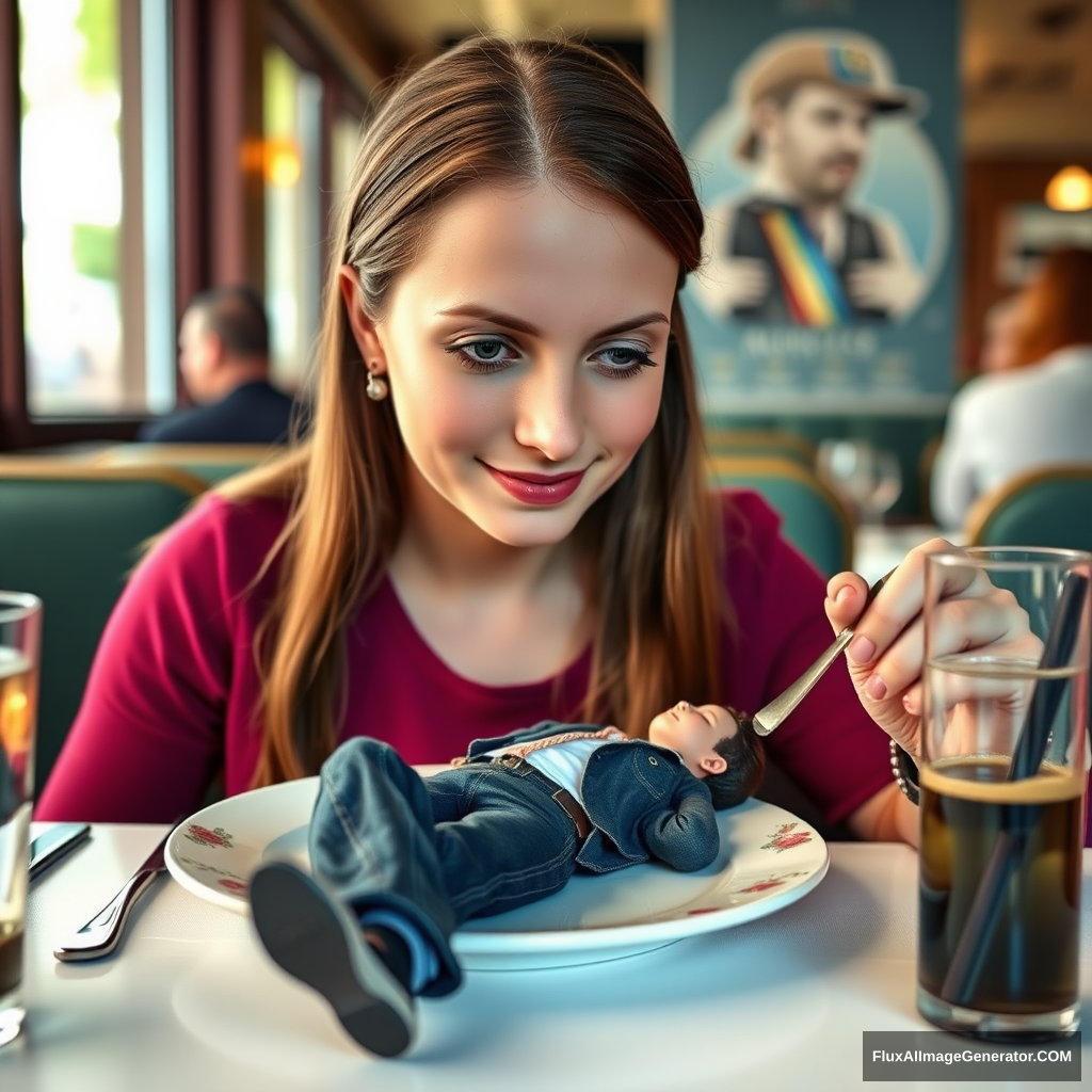 Young woman eating in a restaurant with a tiny adult man (5cm tall) lying on her plate. There is nothing else on the plate.