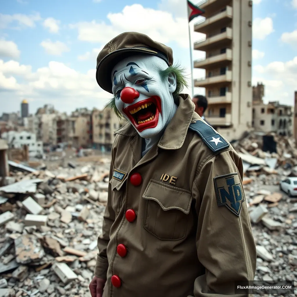 A crying clown in an IDF uniform standing in the middle of a destroyed city in ruins, laughing hysterically. View from slightly above and from some distance.