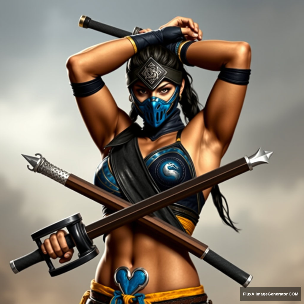 'Kitana from Mortal Kombat as a real-life human female, arms crossed above her head with weapons in her hands.'