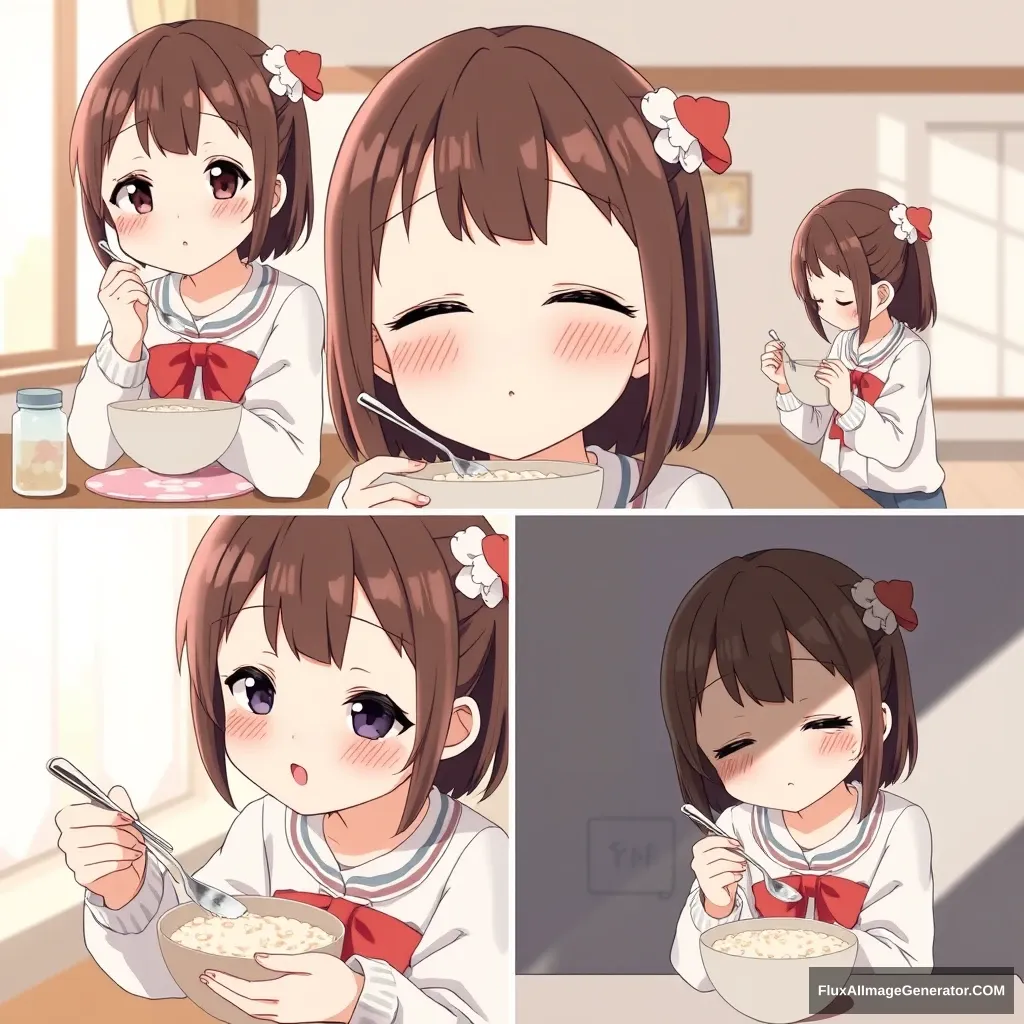 Collage of images of a tender anime girl eating oatmeal porridge.