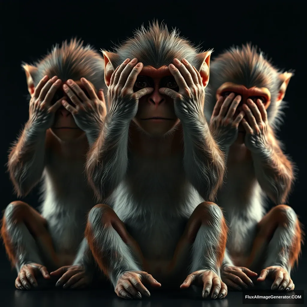 masterpiece, best quality, (octane render, cinematic CGI:1.4), intricate detail, beautiful three wise monkeys who are sitting down, embodying the proverbial principle "see no evil, hear no evil, speak no evil". The three monkeys are Mizaru, covering his eyes with two hands, who sees no evil; Kikazaru, covering his ears with two hands, who hears no evil; and Iwazaru, covering his mouth with two hands, who speaks no evil, (extreme closeup:1.2), (looking at the viewer:1.1), from front, soft light, low key light, dark mood, (3monkeys:1.2), detailed face, gaunt face, skin pores, detailed skin, intense eyes, (real skin detail:1.2), skin pores, detailed hair, detailed eyes, (depth of field:1.3), (dark background:1.2), sharp contrast, sharp detail, high contrast shadows.