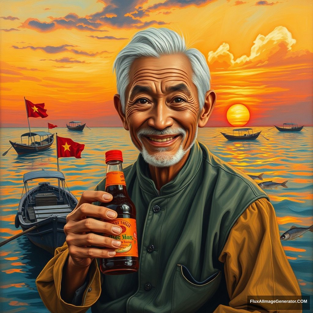 A sharp, anatomically accurate, and highly detailed oil painting in the style of Van Gogh, depicting a smiling, elderly Vietnamese man with silver hair and a weathered face, wearing a traditional áo bà ba and other traditional Vietnamese clothing, holding a bottle of Phú Quốc fish sauce. The background features a warm, colorful sunset over the sea, with fishing boats flying the Vietnamese flag, fish jumping out of the water, and the setting sun casting an orange glow, no hat.