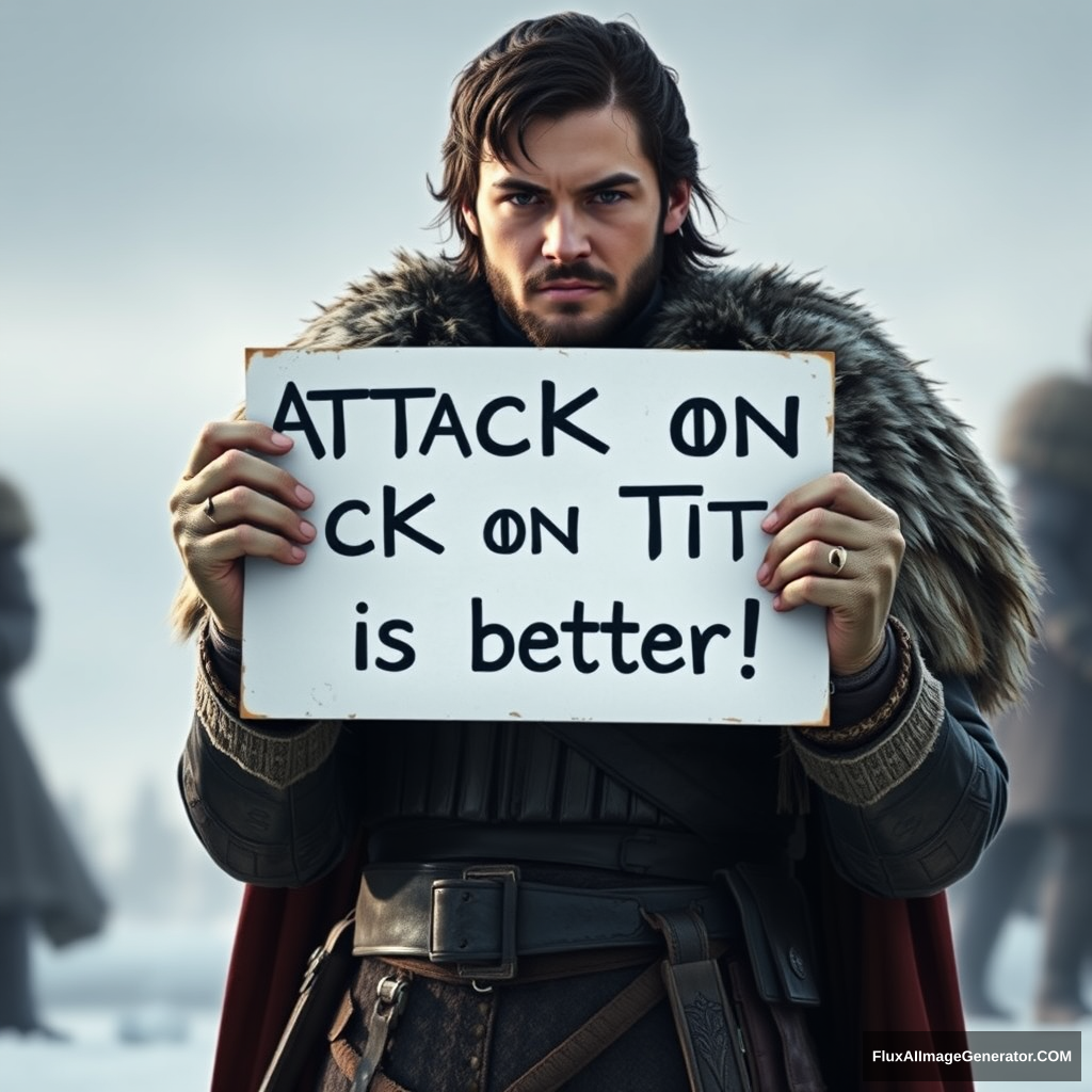 Game of Thrones character Jon Snow holding a sign that says "Attack on Titan" is better. Realistic. 4k. - Image