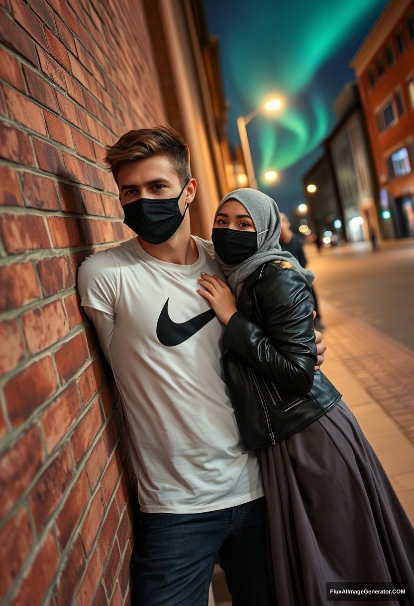 Jamie Dornan, tall, handsome, wearing a black face mask, a white Nike T-shirt, and jeans, 

dating a romantic Muslim girl in a grey hijab with beautiful eyes, wearing a black face mask and a leather jacket, with a very long and big skirt, not a tall girl, 

lying against a brick wall in town, photorealistic, street photography, selfie photos, night scenery, aurora. - Image