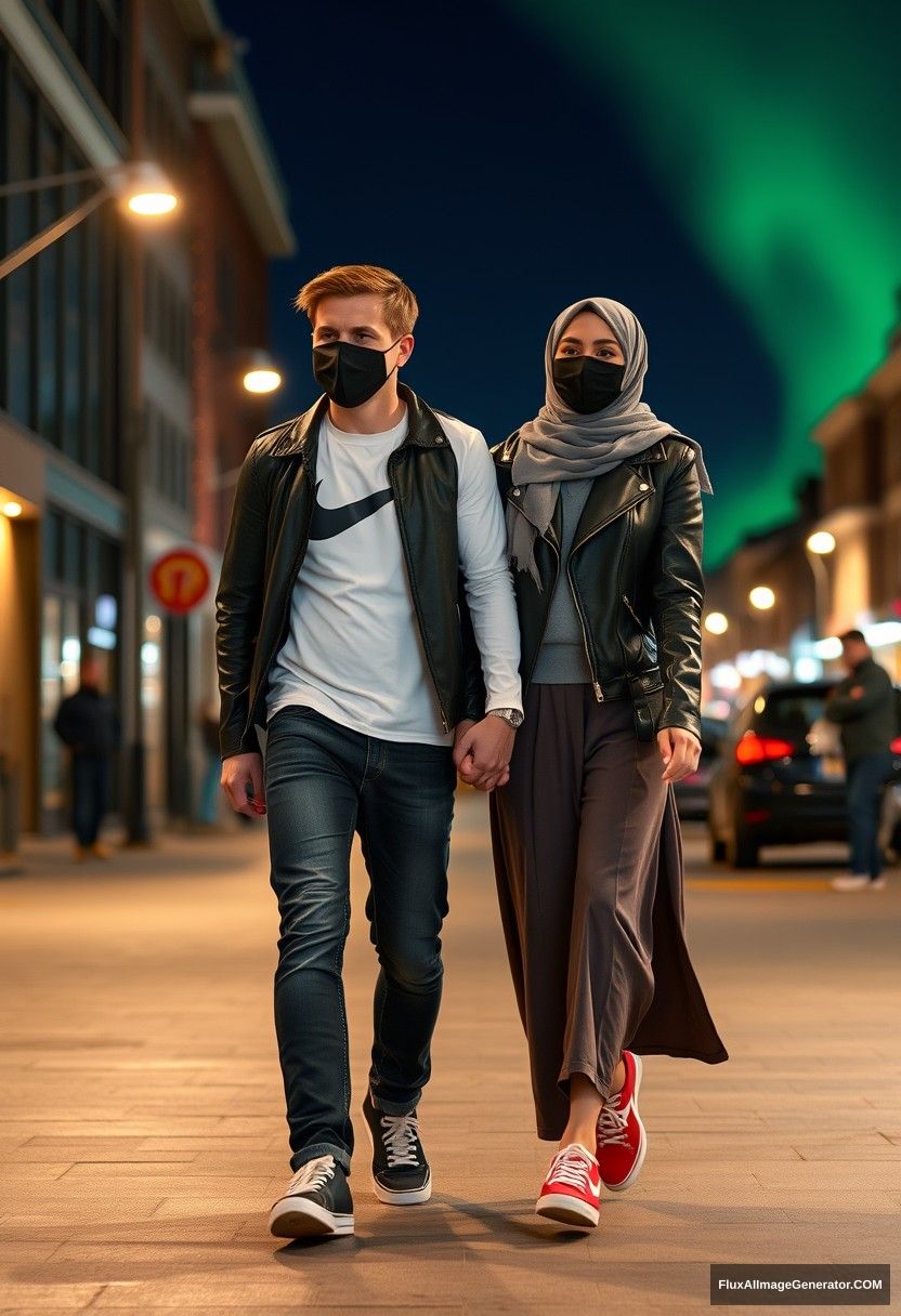 Jamie Dornan, handsome, wearing a black face mask, long sleeve white Nike t-shirt, jeans, and sneakers, 

dating a beautiful Muslim girl in a grey hijab with beautiful eyes, also wearing a black face mask, leather jacket, and the longest and biggest skirt; she is not tall and has red sneakers, 

holding hands, walking together in town, photorealistic, street photography, full photography, selfie photos, nighttime scenery, aurora. - Image