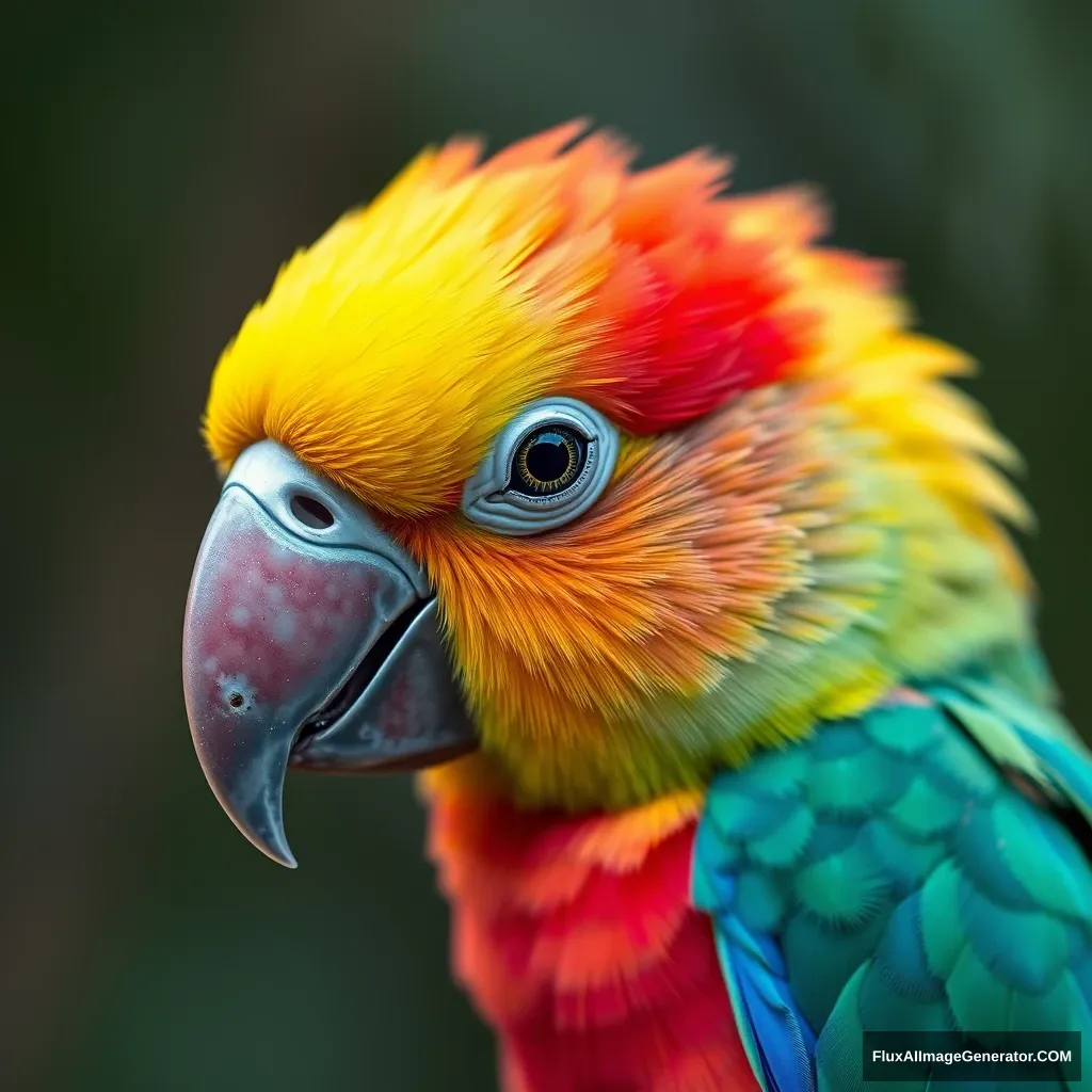 Neon rainbow-colored Pacific parrotlet with a platinum bird beak, hyper-realistic photo, 8K, Unreal Engine. - Image