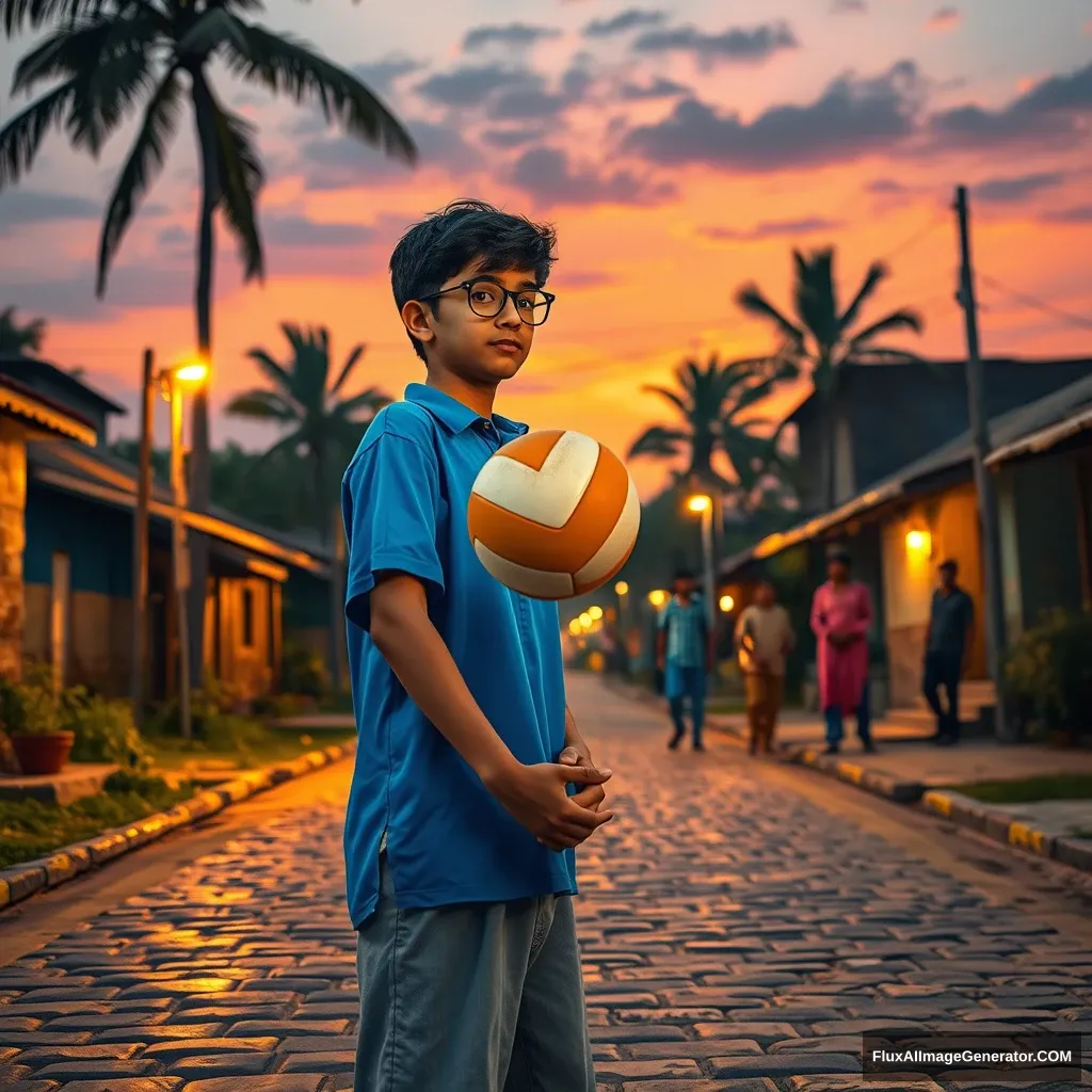 Create a vivid scene set in a Pakistani village during the evening. The street is gently illuminated by warm street lights, casting a soft glow over the cobblestone pathway.

Character Focus: Describe the teenage boy, Ali, who stands out with his bright blue shirt and spectacles that highlight his intelligent demeanor. Illustrate his excitement and enthusiasm as he prepares to serve the volleyball.

Setting: Picture the village environment around him—traditional houses with clay roofs, and the silhouettes of palm trees swaying in the evening breeze. The sunset paints the sky in hues of orange and pink, creating a beautiful backdrop.

Friends and Action: Include Ali's friends, who are gathered around, eagerly cheering him on. Describe their laughter, the sound of the volleyball being hit, and the joy of camaraderie as they play together.

Emotional Tone: Capture the spirit of friendship and the carefree nature of youth, where the evening air is filled with laughter and shared moments. Highlight how the street lights add an enchanting ambiance, making the game feel special.

Details: Add specific details such as the texture of the volleyball, the expressions on the boys' faces, and the way the evening light interacts with their features, enhancing the scene's warmth. - Image