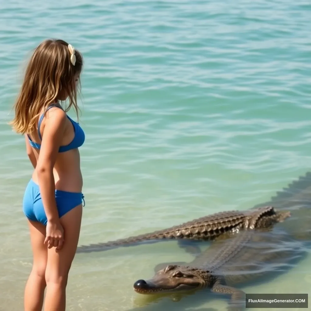 A girl, standing by the sea, wearing a blue bikini, next to a crocodile.