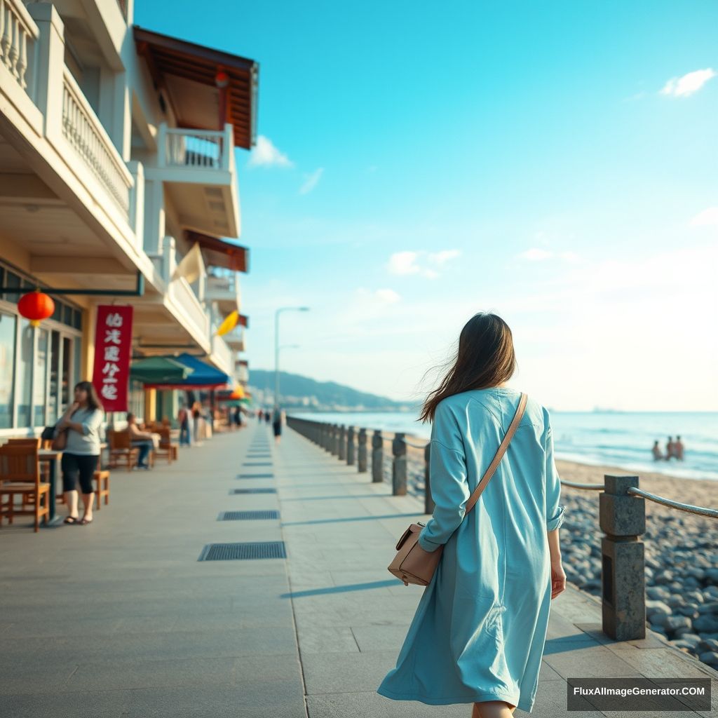 'Female student walking by the seaside, beach, Chinese, street, girl'