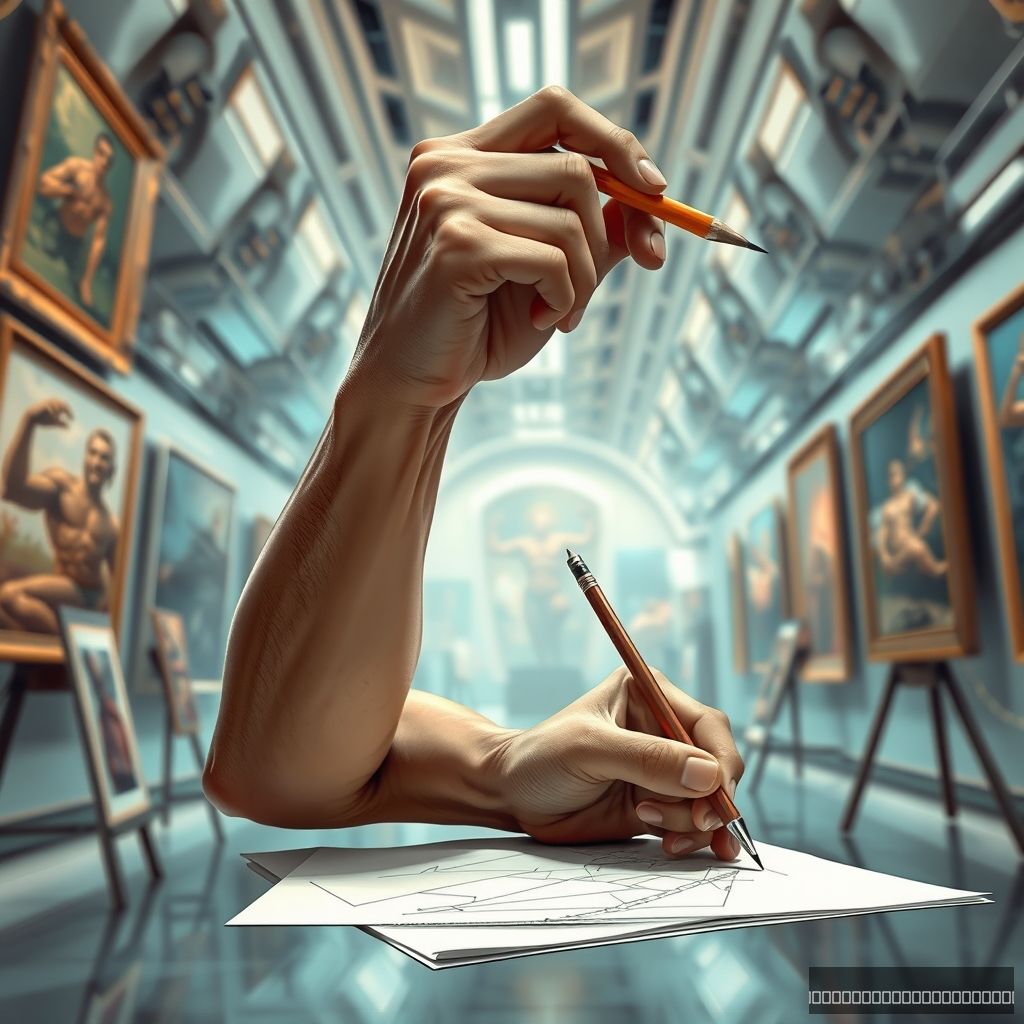 Sharp, detailed image of a muscular male right hand holding a pencil, sketching in a futuristic art gallery filled with paintings.