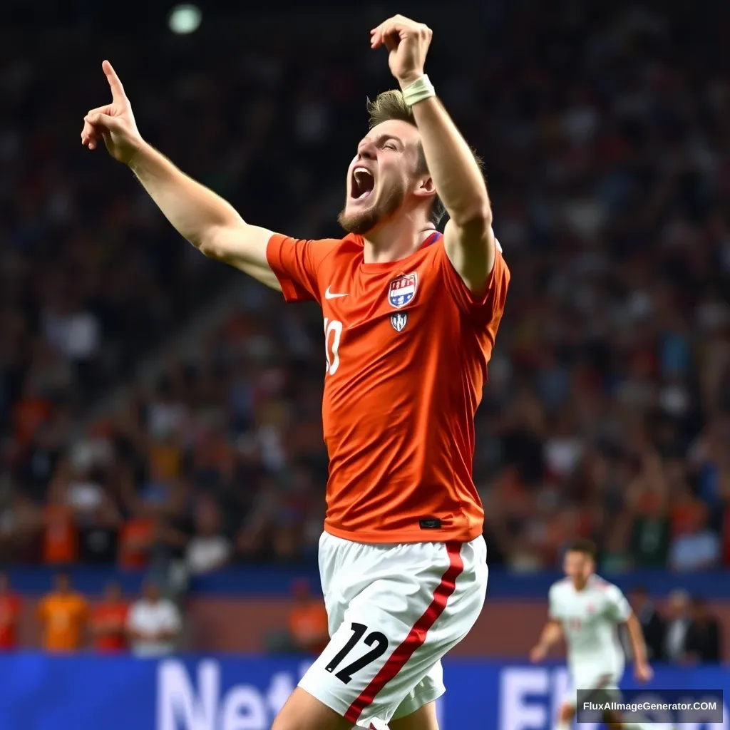 I want a picture-like image of Bram van Polen celebrating the winning goal in a World Championship match for the Netherlands.