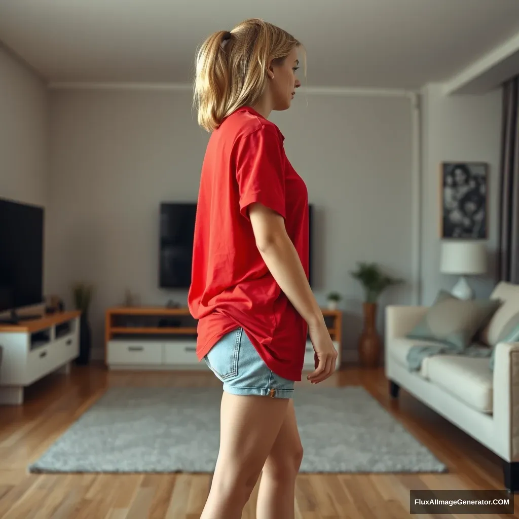 Side view of a young blonde skinny woman in her early twenties, in her large living room, wearing a massively oversized red polo t-shirt that is slightly off balance on one shoulder. The bottom part of her t-shirt is tucked in on all sides. She is also wearing small light blue denim shorts and no shoes or socks, facing her TV with her arms straight down. - Image