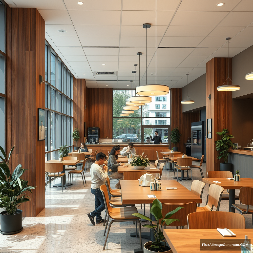 interior, company cafeteria, modern, wood panel, movie scene, plants, eating