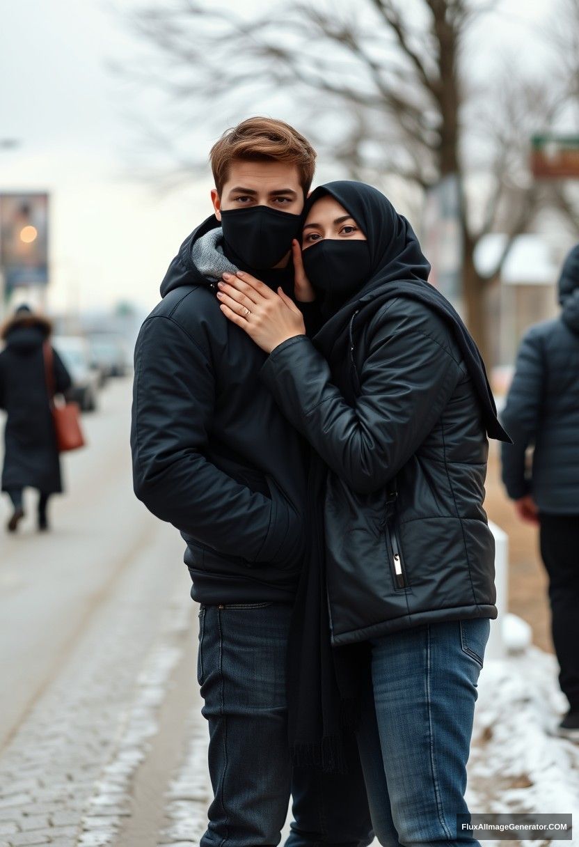 Jamie Dornan, handsome, young, wearing a black face mask, snow jacket, and jeans, dating a beautiful, romantic Muslim girl in a big black hijab with beautiful eyes, also wearing a black face mask and a black leather jacket, standing together in winter scenery near a road in town, pinching each other's cheeks, photorealistic, street photography.