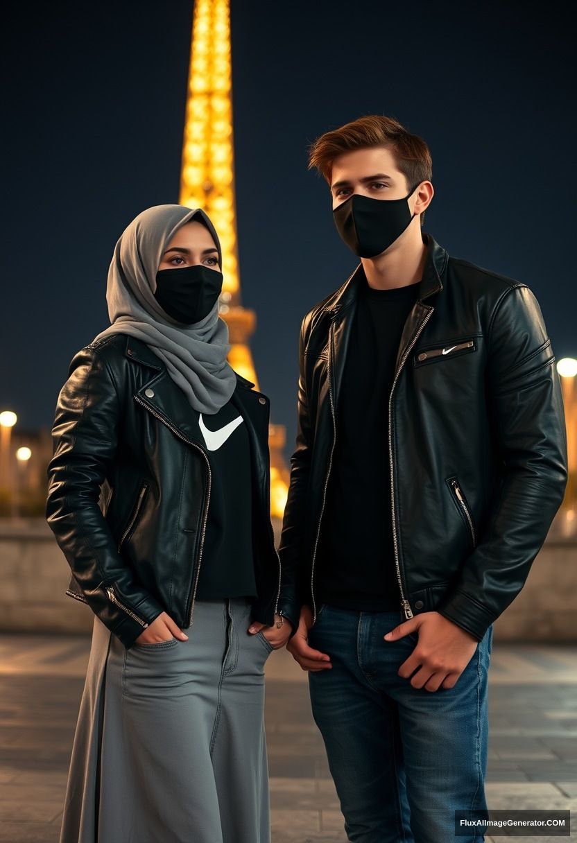 Jamie Dornan, young, black face mask, black leather jacket, Nike t-shirt, jeans, 

Dating, love with the biggest grey hijab Muslim girl, beautiful eyes, black face mask, leather jacket, biggest longest skirt, cute, 

standing near the Eiffel Tower, night scenery, hyper-realistic, photorealistic, street photography. - Image