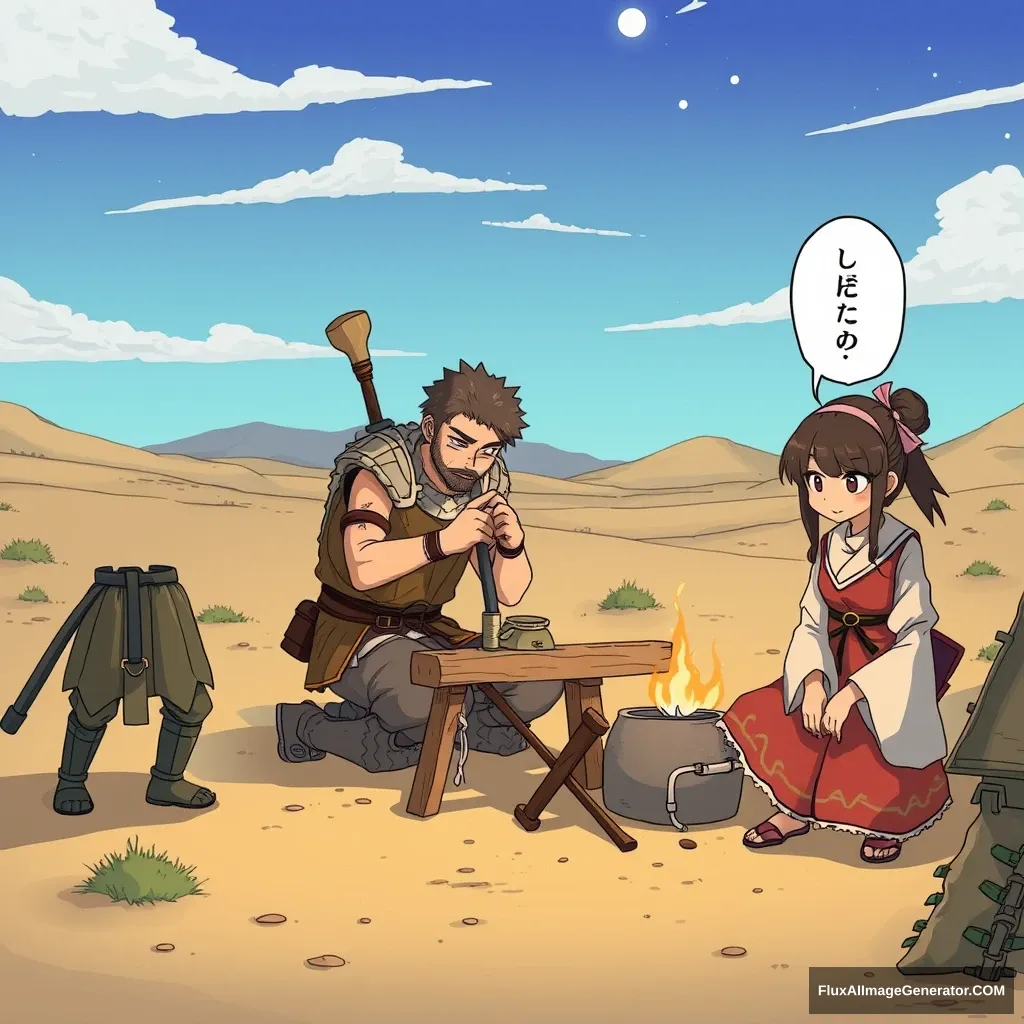 "A picture of a magical warrior on the left, a carpenter making something in the center, and a Japanese manga character on the right looking at it disdainfully, all camping in a desert." - Image