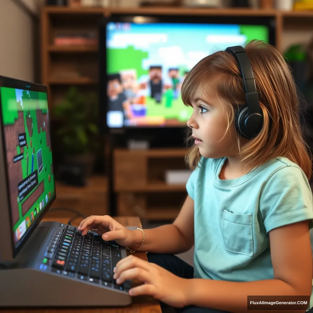 A little girl is playing Minecraft video game. - Image