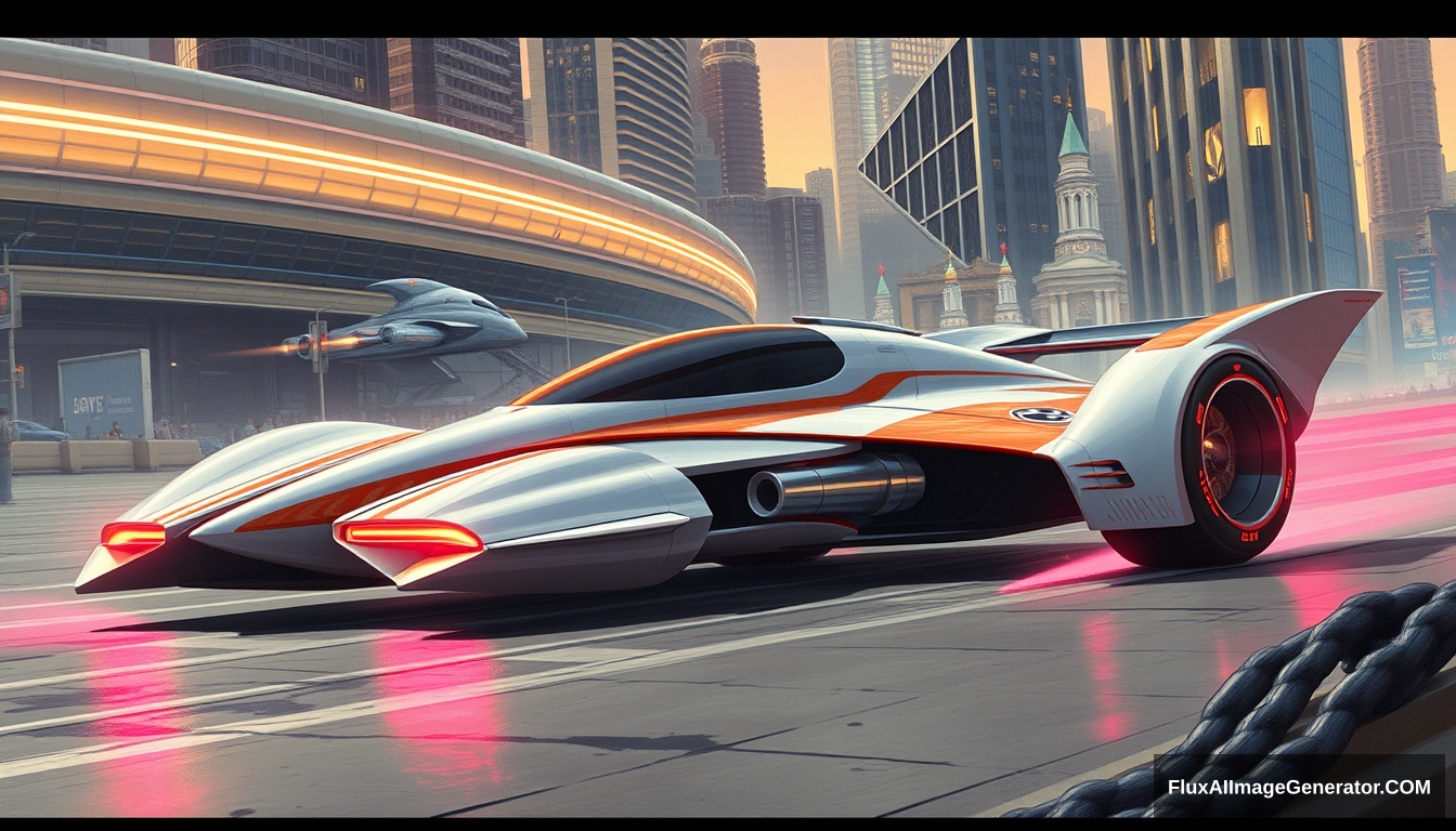 a fighter inspired concept car, as painted by Syd Mead, futuristic city setting. - Image