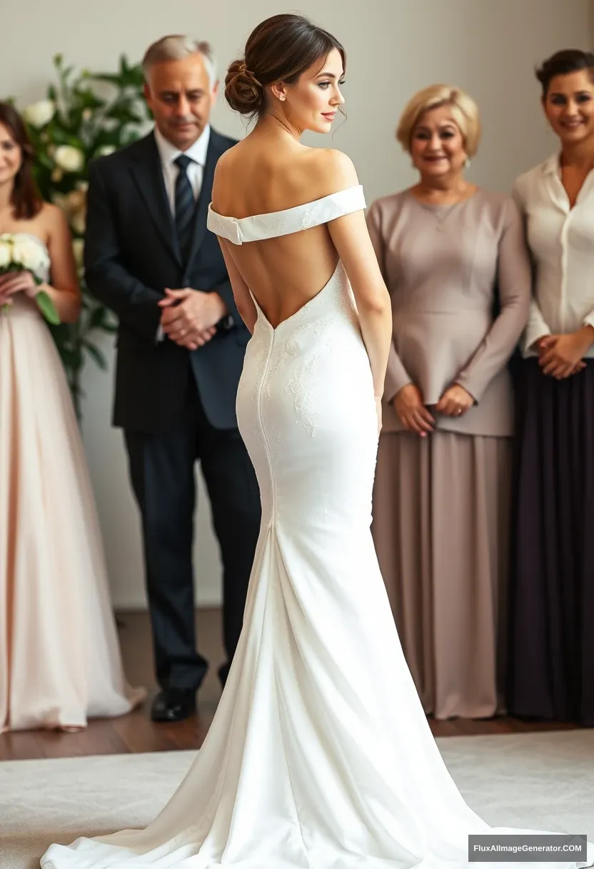 A short young woman, sensitive, delicate, off-shoulder backless strapless side-less low-waisted contouring wedding dress with a loose open back that seems like it's spilling to the sides, in front of elder patriarchy, expectations, perfect posture. - Image