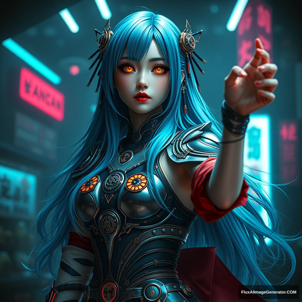 A full-body portrait of an elegant and graceful yet daring cyberpunk futuristic neon girl with [long blue] hair and reflective [gold] eyes, decorated with traditional Japanese ornaments. The background is atmospheric and moody, featuring subtle neon accents and a more refined, less cluttered setting. The girl's outfit is a blend of high-tech armor and traditional Japanese elements, with a focus on elegance, sleek design, and a daring attitude. The overall style is dreamy and surreal, moves gracefully and smoothly, arms rise and fall as if performing natural magic. stop motion. freeze frame. hyperrealistic. oil painting. volumetric lighting, Daily Theme: cyberpunk futuristic neon girls, By Oleg Ts.