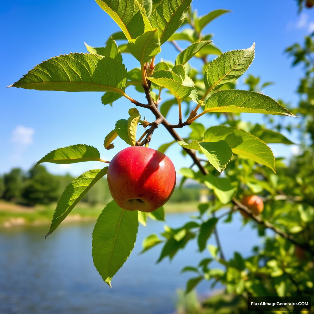 a red apple on a green tree near a river, sunny day