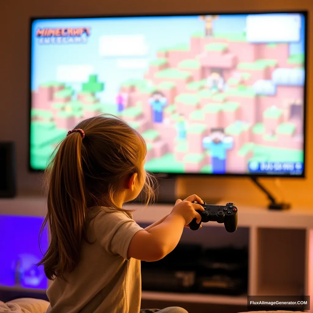 A little girl playing Minecraft in front of the screen.