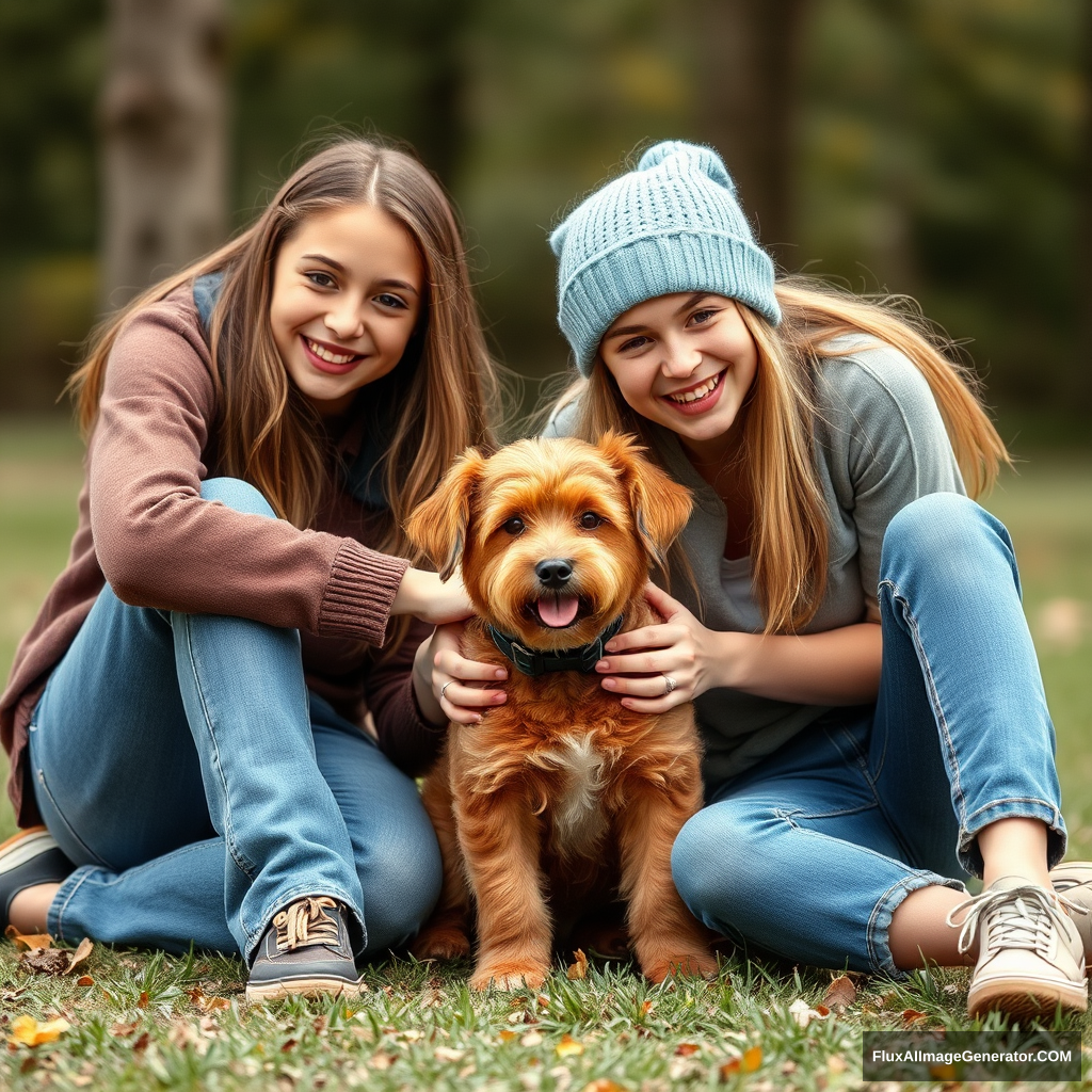 two happy teenagers playing with a small brown dog - Image