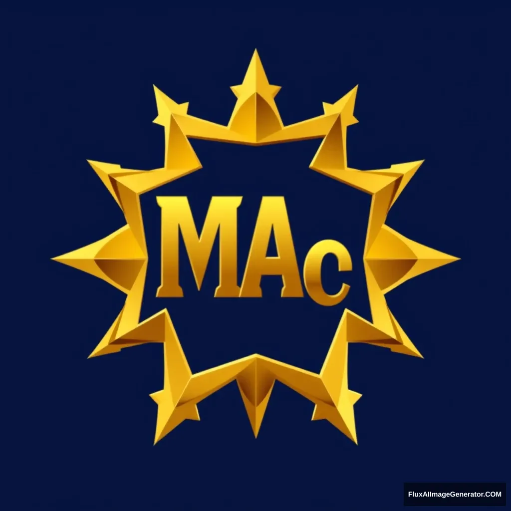 Design a logo for a government youth program with a pentagon-shaped center featuring the letters 'MAC' in gold, shaped into a pentagon, on a dark blue background. Surround this central pentagon with a gold 7 points heptagram star. 4 star points on bottom and 3 star points on top. The logo should have a metallic appearance with gold and blue colors for a three-dimensional effect.