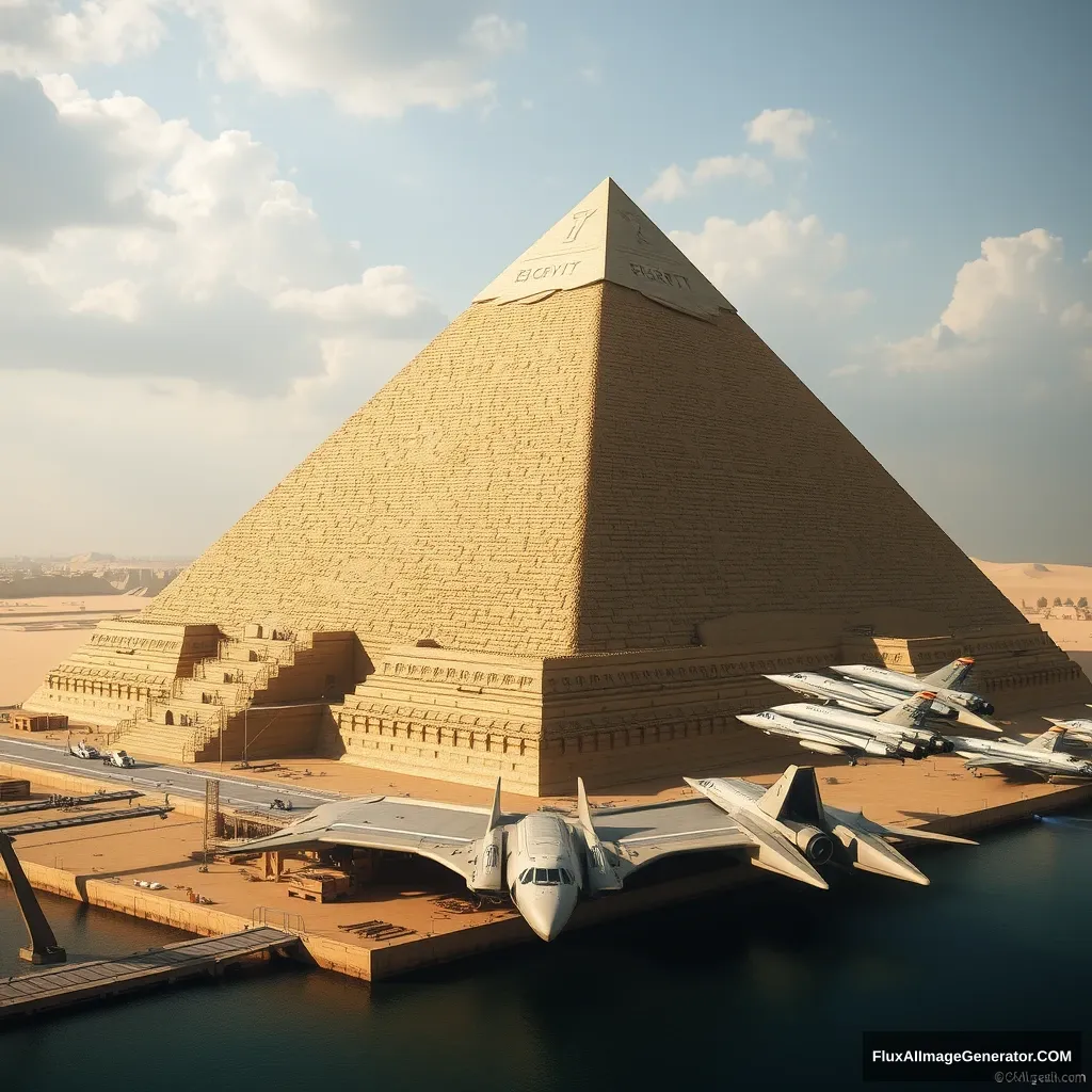 "A photorealistic depiction of the Great Pyramid of Giza, half-restored to its original glory, half-transformed into a futuristic space port with sleek shuttles."