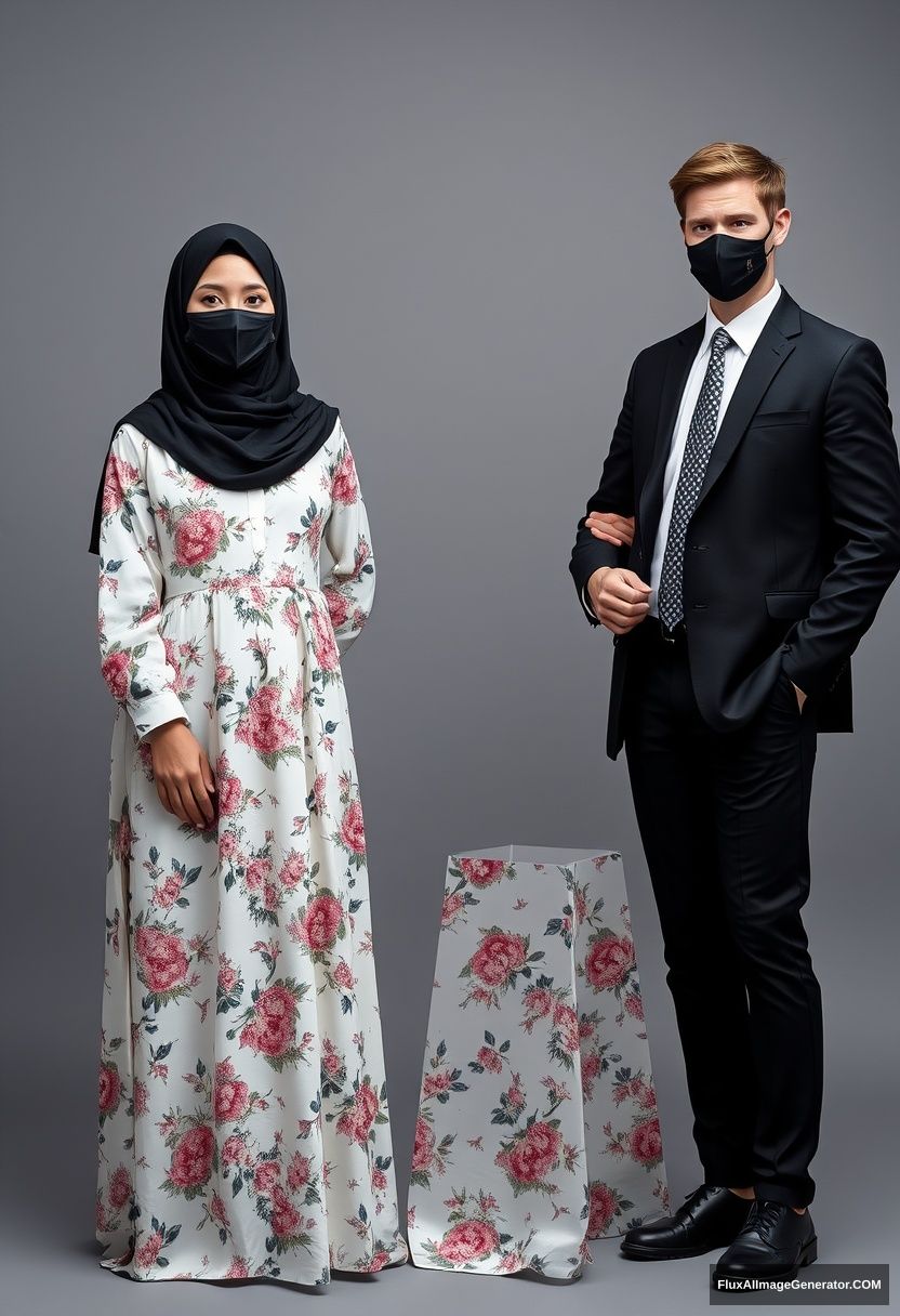 A tallest black hijab girl, beautiful eyes, black face mask, the largest white floral longest dress, not tall, standing, holding his arm

Jamie Dornan, youngest, black suit coat, white shirt, grey patterned tie, black leather sneakers, tall man, black face mask, fit tough body, standing near her, love couple

hyper-realistic, studio photography, photorealistic.