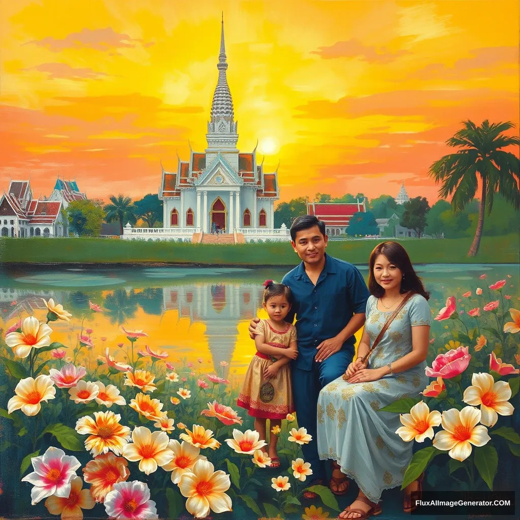 A painting with Wat Arun, a family, flowers, sunrise.