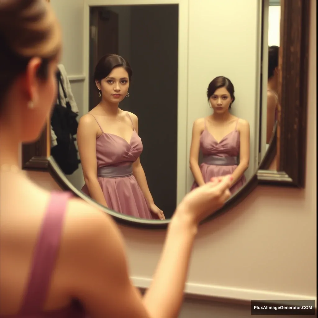 "She is wearing a dress, and there is also someone in the mirror." - Image