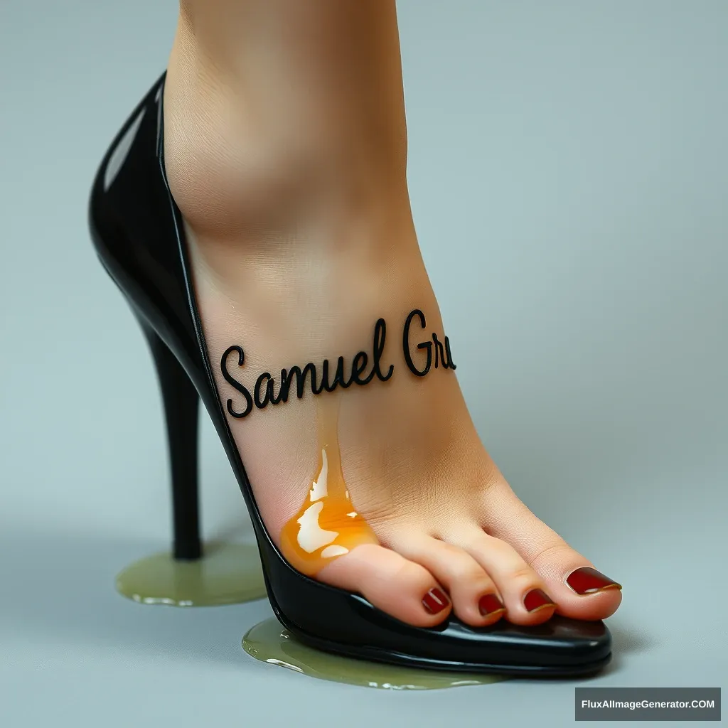 The name "Samuel Greg" on a woman's foot in a black high heel. There is oil all over the foot. - Image