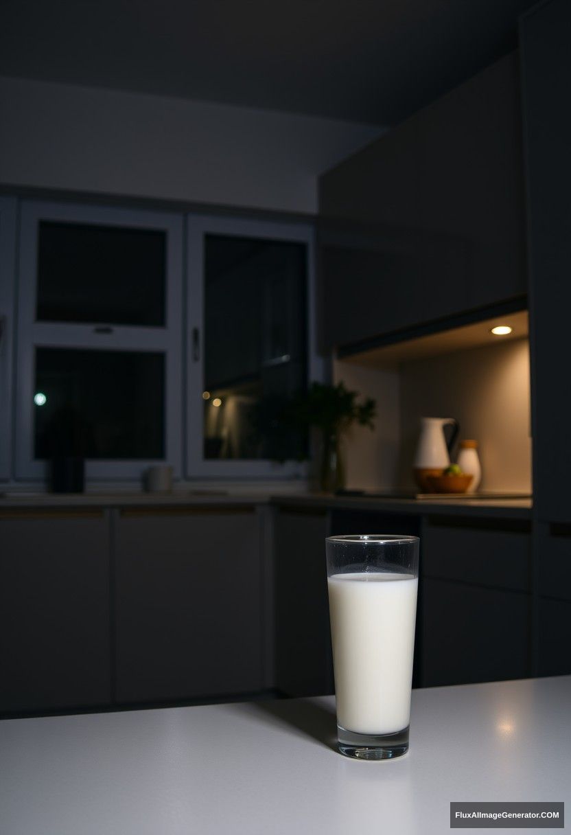 At a modern kitchen, at midnight, gloomy lighting lamp, fresh milk in a glass on a table.