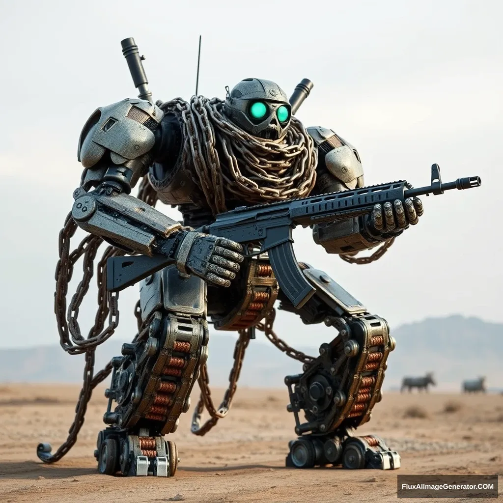 A large robot assembled from motorcycle chains, holding a new AK47. - Image