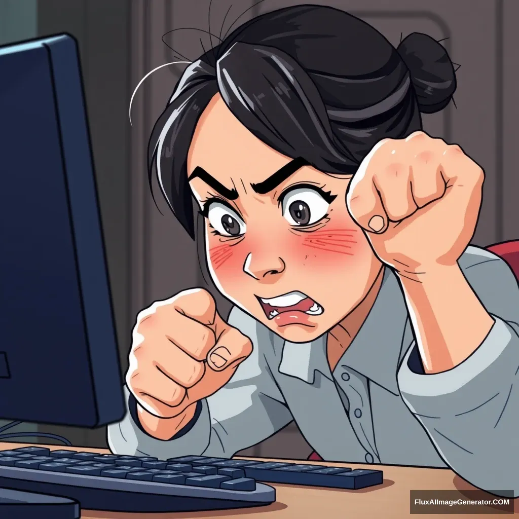 A middle-aged Korean woman is looking at the monitor with anger, hitting the keyboard with her fist. Her eyes are angry, her mouth is exuding heat, and her hair is disheveled. The monitor shows generative image AI. Animation style.