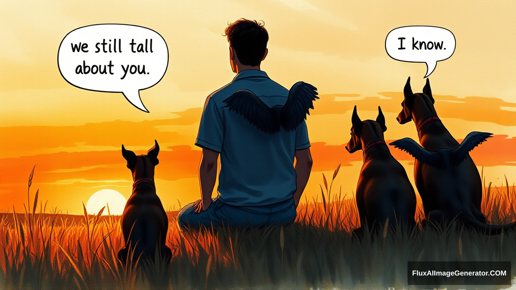 watercolor illustration: male figure in meadow at golden hour, silhouetted against vibrant sunset sky. 3 Winged canine doberman companions sat beside. facing away from the viewer, Speech bubbles float above: "We still talk about you" (person), "I know" (dog). Nostalgic atmosphere, brushstrokes convey wistful longing. Warm palette, dreamy textures. - Image