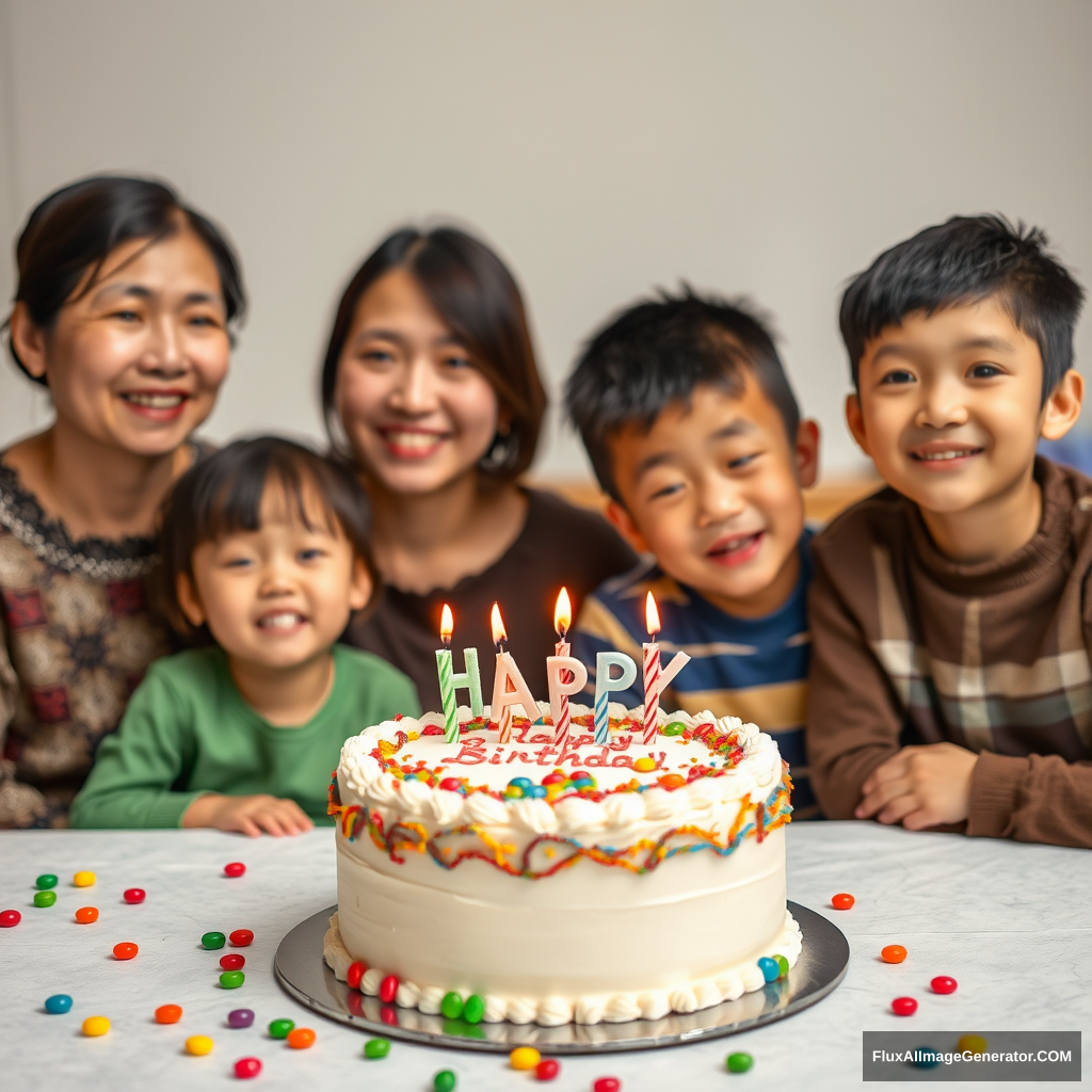 A birthday cake is placed on the table with the words "Happy Birthday" written on it. There are four Chinese people sitting behind the table. The person in the middle is a mother who is about 35 years old. Sitting on the right side of the mother is a father who is about forty years old and his son who is about ten years old. The daughter who is about eight years old is sitting on the left side of the mother. The cake is decorated with colorful candies and candles. Some candies were scattered on the table, adding to the festive atmosphere of the birthday celebration.