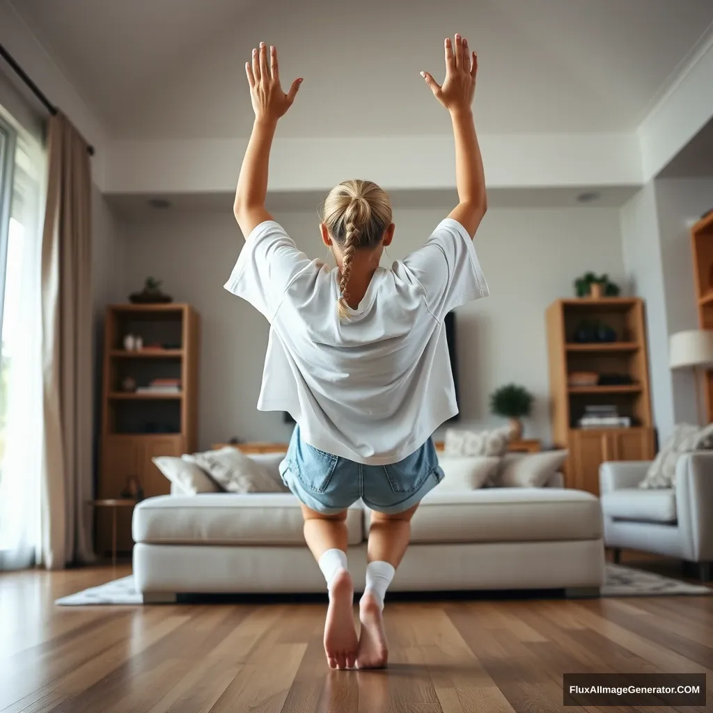 A blonde skinny woman is at a right angle in her massive living room. She is wearing a massively oversized white t-shirt that is also very uneven on one of the sleeves, along with oversized light blue denim shorts that aren’t rolled up. She has socks on but no shoes. Facing her TV, she dives headfirst, with both arms raised below her head, which is looking up, and her legs up in the air, positioned at a -60 degree angle. - Image