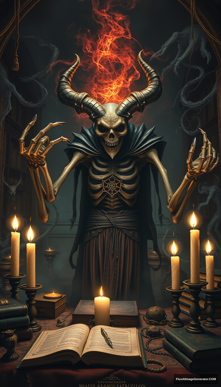 A grotesque Demon Necromancer, half-transformed into a lich, performs an intricate summoning ritual. Skeletal hands weave arcane sigils in the air, surrounded by flickering candles. Dark tendrils of necromantic energy swirl, merging fantasy and horror. Ancient tomes and occult artifacts scatter the shadowy chamber.