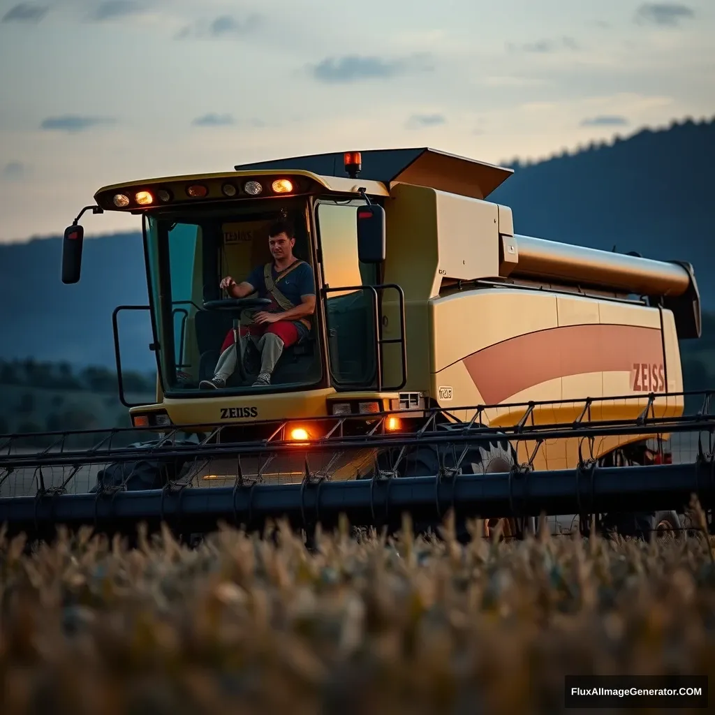 A Roman legionnaire operating a combine harvester at dusk in Tuscany. The combine harvester has a ZEISS logo on it. - Image