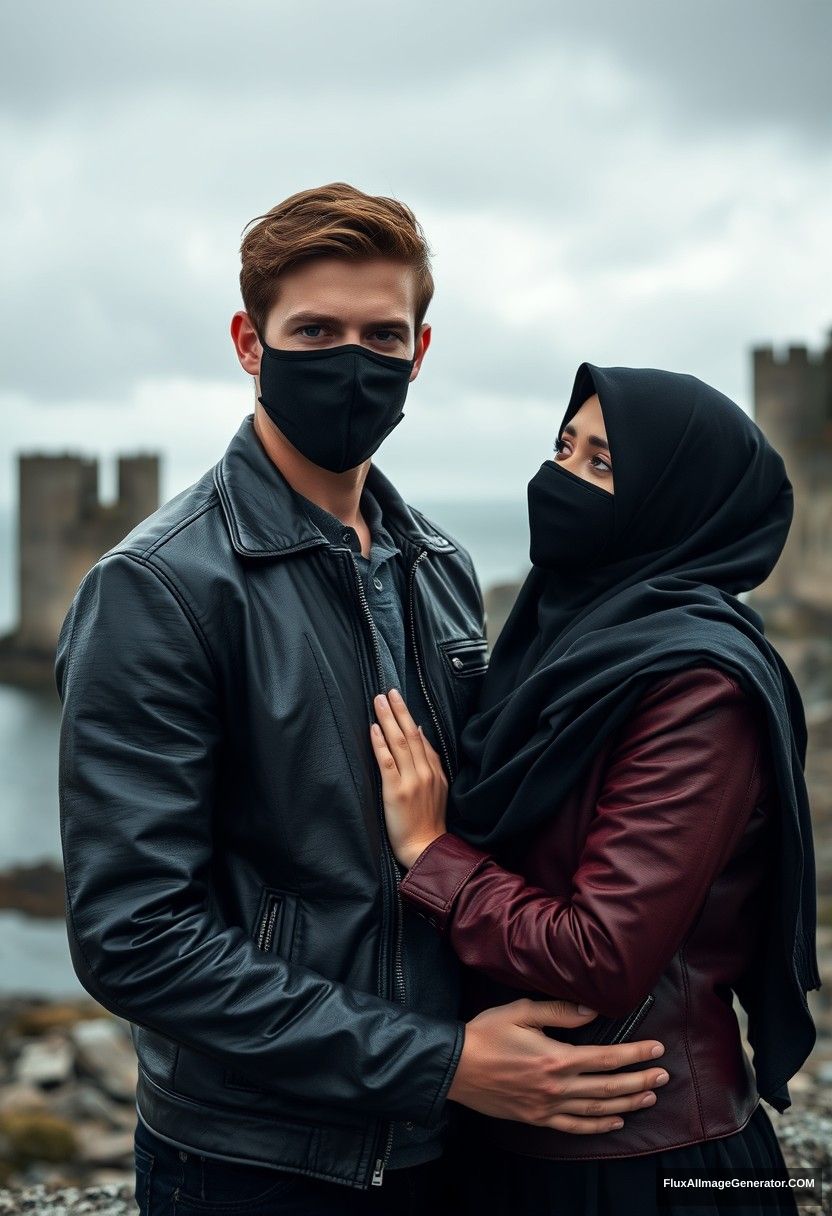 Jamie Dornan's head and body shot, handsome, youngest, black face mask, black leather jacket, dating, love hug with the biggest black hijab Muslim girl, not tall, beautiful eyes, face mask, maroon leather jacket, biggest black skirt, hyper-realistic, studio photography, full body photo, explore at abandoned castle, at sea, gloomy scenery. - Image